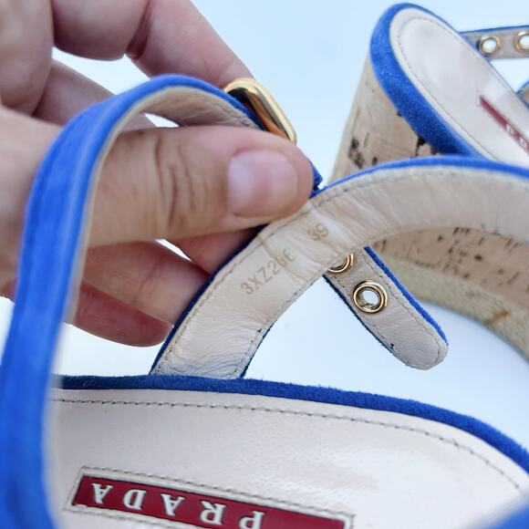 Prada Authentic Suede Blue Espadrille Cork Wedges Sandals 39 Heels 9 Dust Bag - Picture 9 of 11
